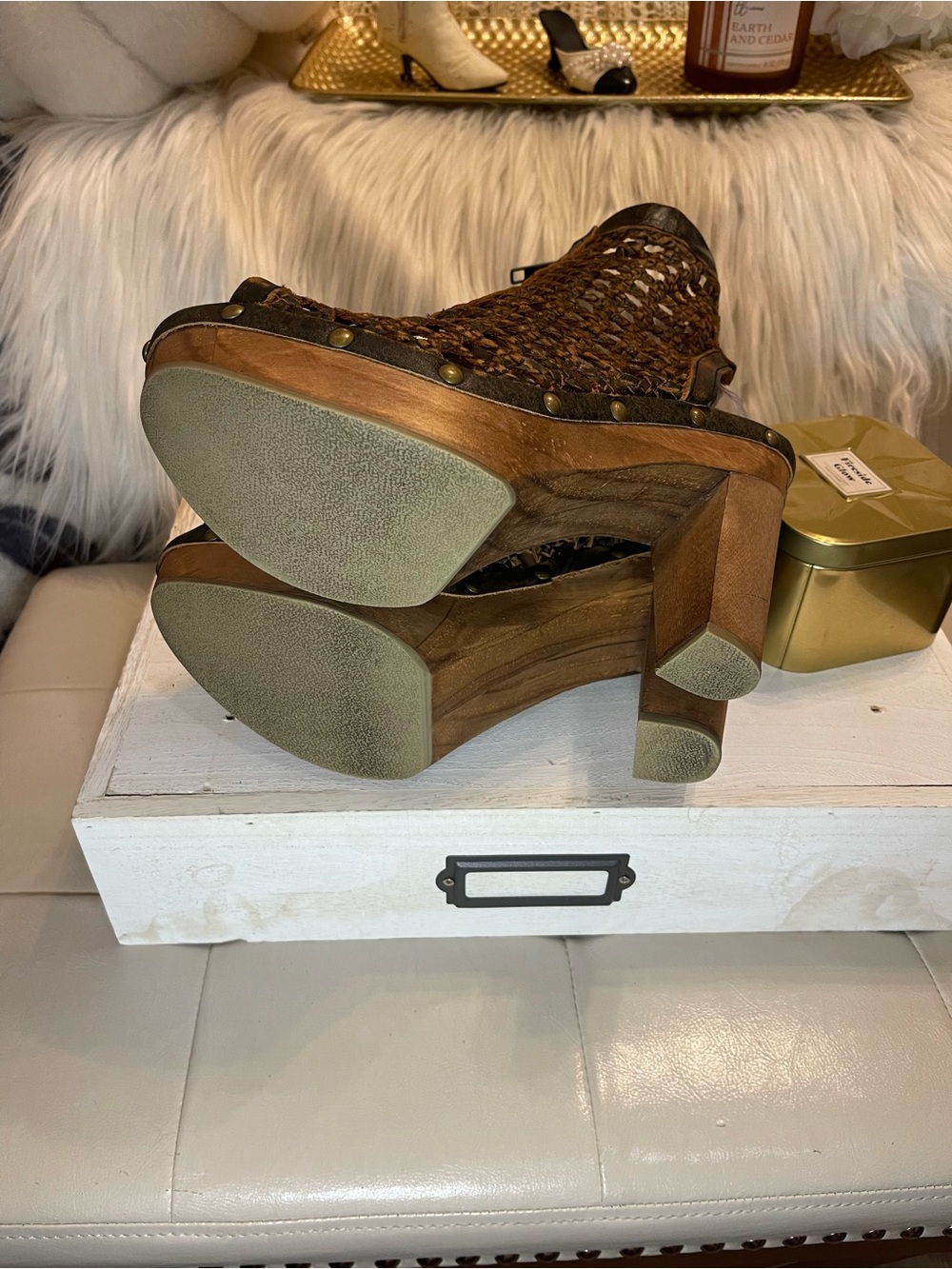 Sbicca Edinburg Woven Peep-Toe Platform Bootie Sandals Distressed Brown Leather - Picture 6 of 7